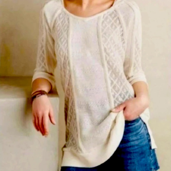 Anthropologie Meadow Rue Whispering Winds Cream Hooded Lightweight Sweater Top L - Picture 1 of 8